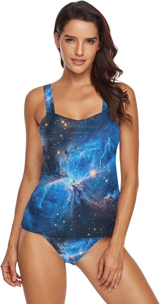 Blue Starry Sky Tankini Bathing Suits for Women Tummy Control Two Piece Tankini Swimsuit with Bikini Bottom