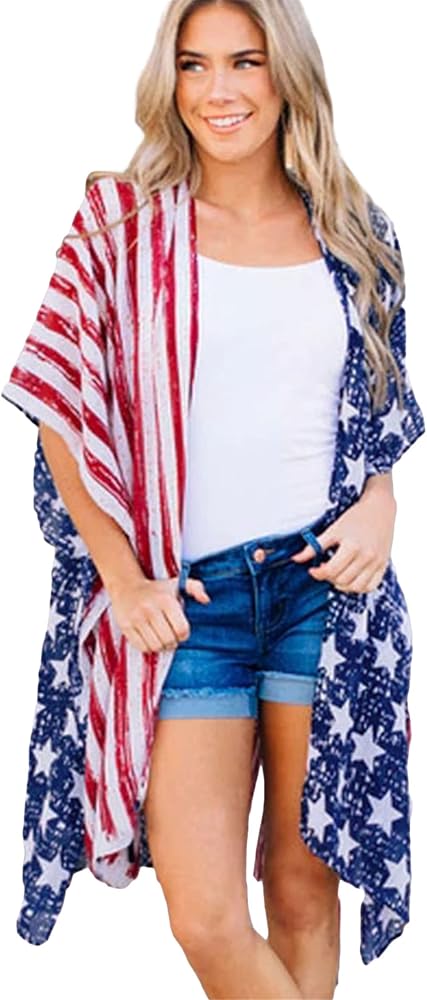 TYQQU Women's American Flag Swimsuit Kimono Cover-Up Beachwear Loose Patriotic Tops Cover up