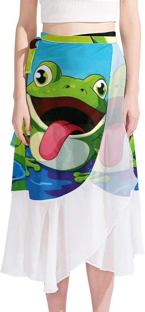 Beach Skirt, Women Beach Sarong, Semi-Sheer Swimwear Cover Ups, Cartoon Animal Frog Green