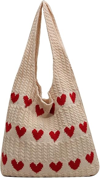 CUNGGI Bolso cruzado de punto, bolso de ganchillo con bonito patrón de corazones, bolso hobo de punto para ir de compras, bolso de hombro, bolso de mano hueco, para mujer