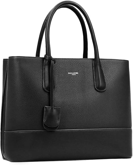 David Jones - Bolso de Mano Grande Mujer - Shopper Tote Bag Señora Trabajo Negocios Cuero Genuino PU - Bolsos Hombro Bandolera Piel Múltiples Bolsillos - Maletín Satchel Oficina Elegante - Negro