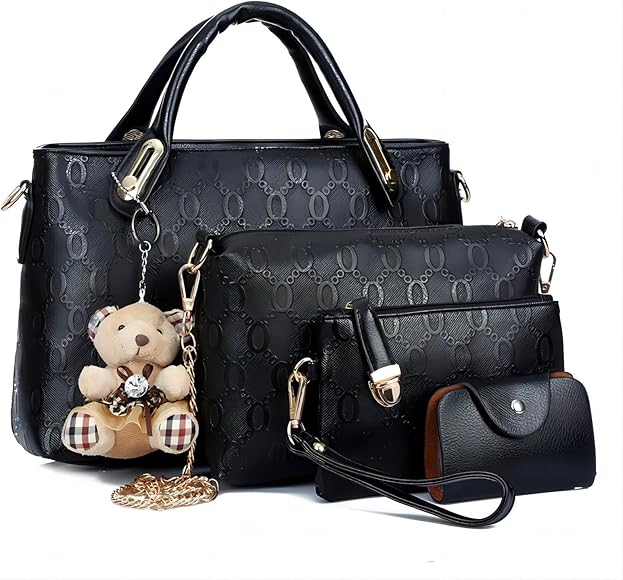 Conjunto de bolsa de cuero de PU de 4 piezas con asa superior para mujer (bolsa grande, bolso, bandolera, tarjetero), Negro