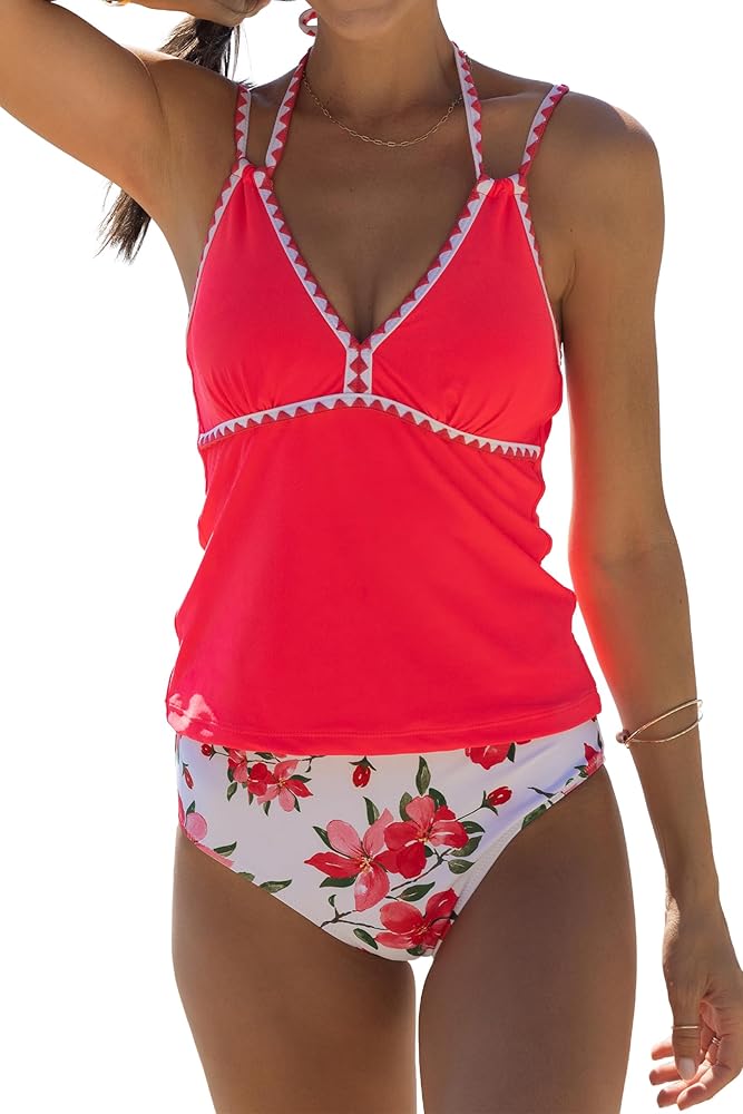 Women's V Neck Tankini Bathing Suits Floral Print White Trim Tummy Control Swimsuit