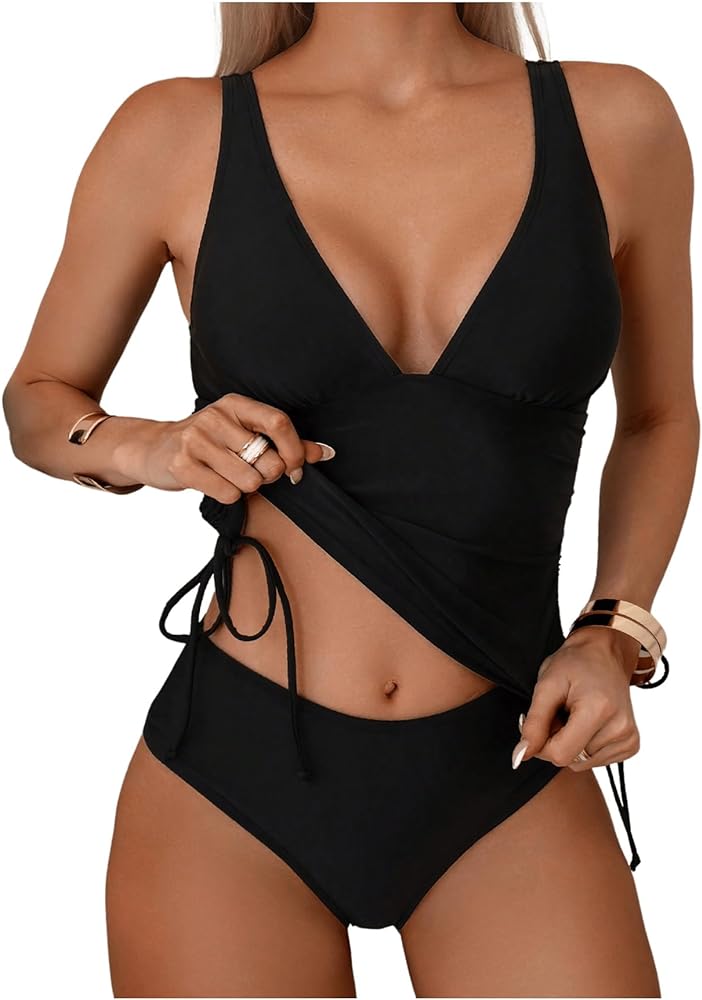 SweatyRocks Women's 2 Piece Bathing Suit Tankinis Deep V Neck Drawstring Side Swimsuit Tankini Set