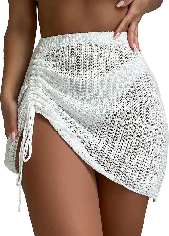 MakeMeChic Women's Crochet Cover Up Skirt Drawstring Side Knitted Swim Beach Cover Up