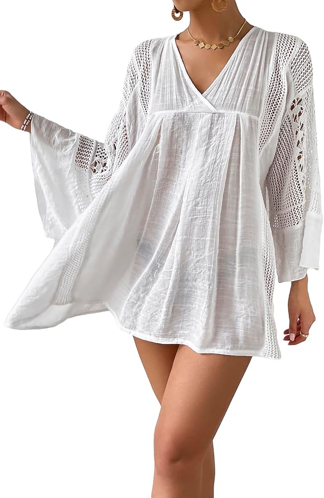 Verdusa Women's Ruffle Long Sleeve V Neck Loose Swimsuit Bikini Cover Up Dress