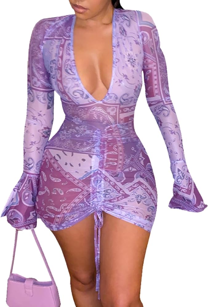 Women's Sheer Mesh Cover Ups Long Sleeve Bodycon Ruched Beach Dress for Swimwear