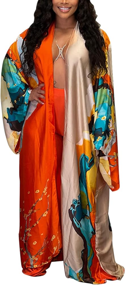 Famnbro Women's Floral Print Satin Robe Kimono Cardigan Open Front Long Cover Ups Outerwear One Size