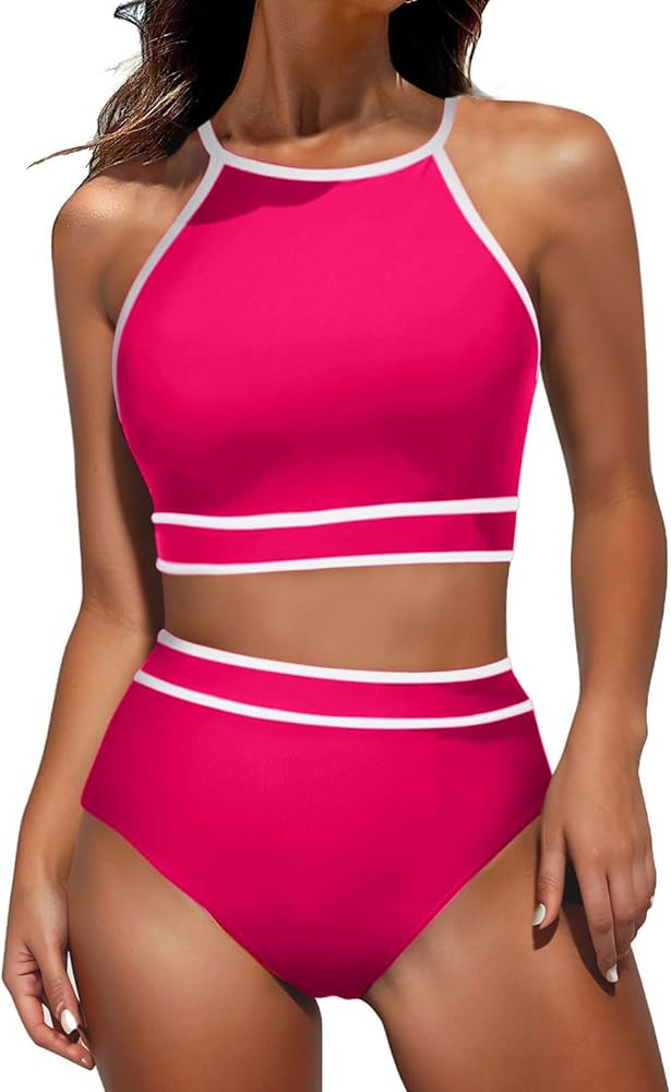 High Waisted Bikini Sets for Women 2024 Two Piece Swimsuits Sporty Color Block Cheeky High Cut Bathing Suits