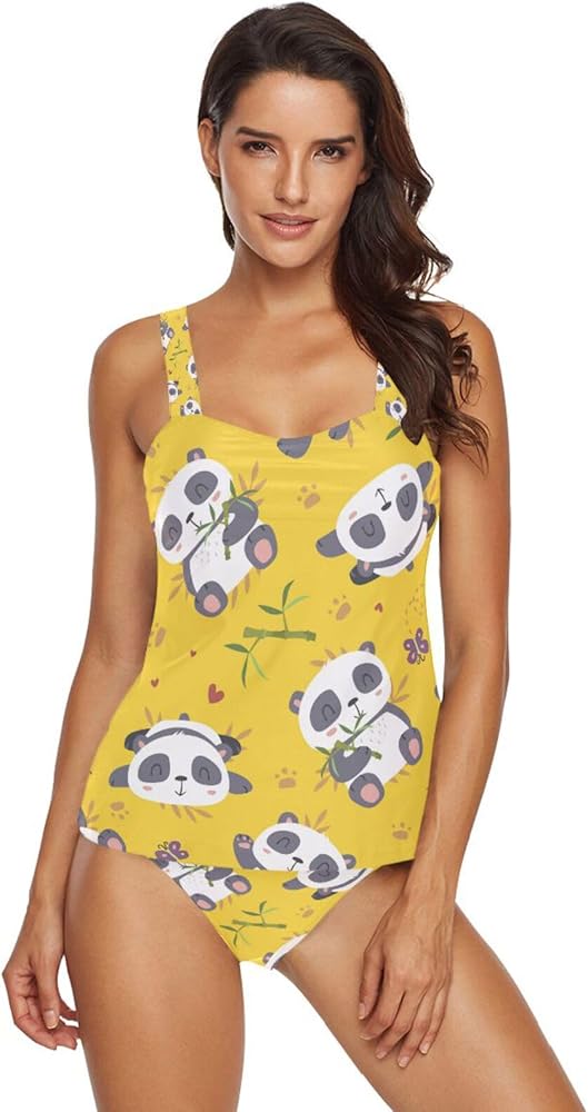 Panda 2 Piece Women Tankini Swimsuit Tummy Control Sport Bathing Suit with Bikini Bottom