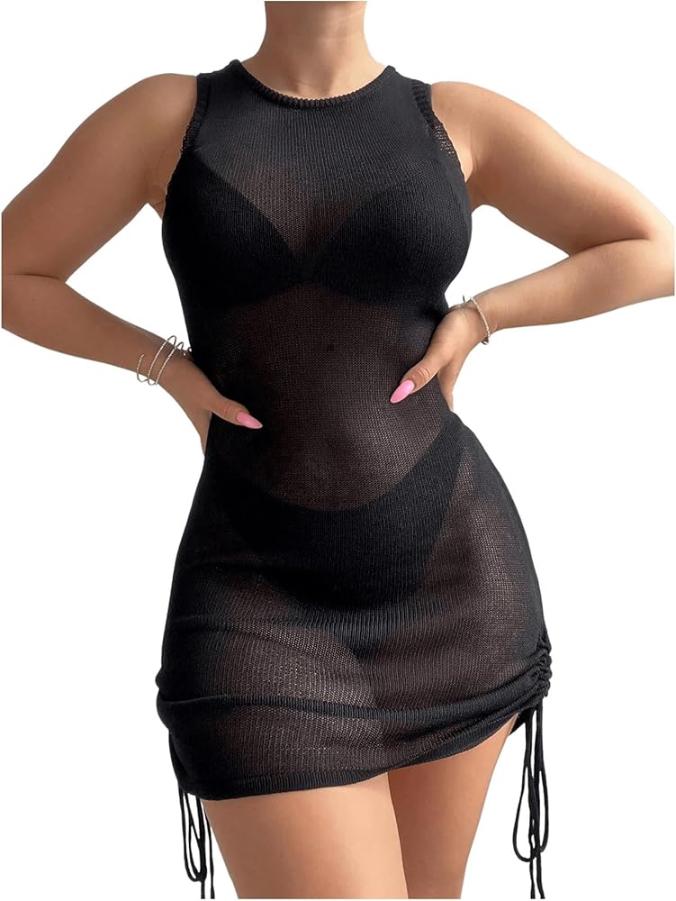 SweatyRocks Women's Sheer Mesh Sleeveless Cover Up Tie Backless Drawstring Side Summer Beachwear