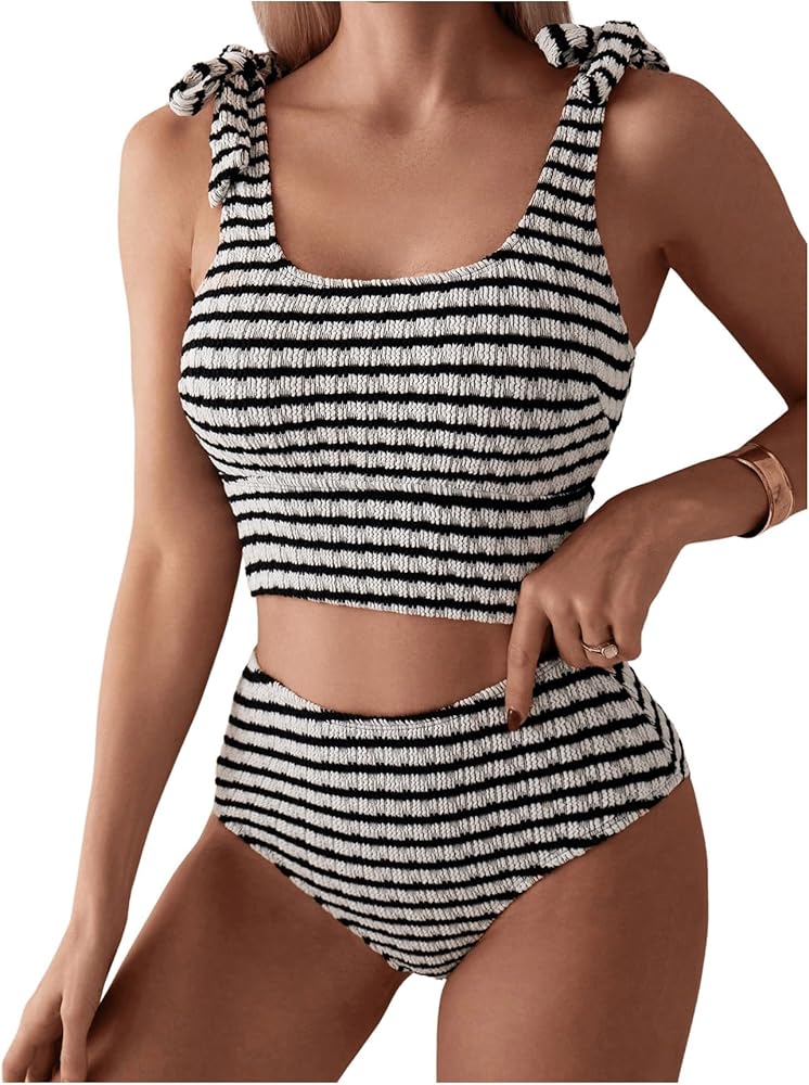 SOLY HUX Women's High Waisted Tankini Sets Striped Bikini Swimsuits Tie Knot Bathing Suit Summer