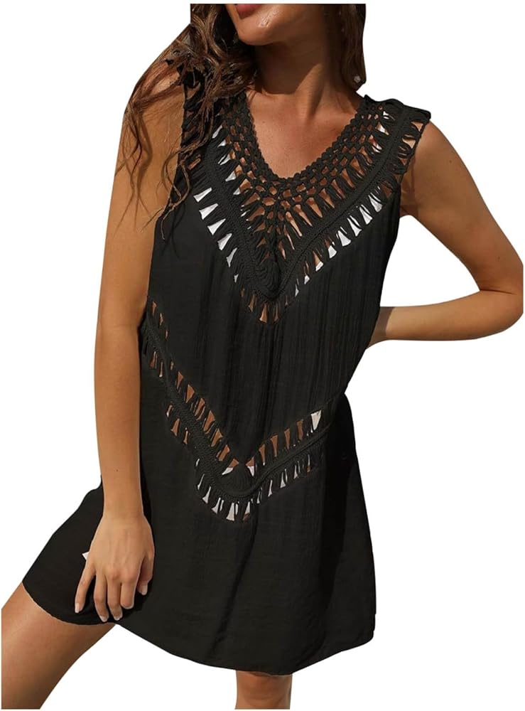 Swimsuit Cover Ups for Women Sexy V Neck Hollow Out Swim Coverup Crochet Chiffon Summer Beach Cover Up Dress 2024