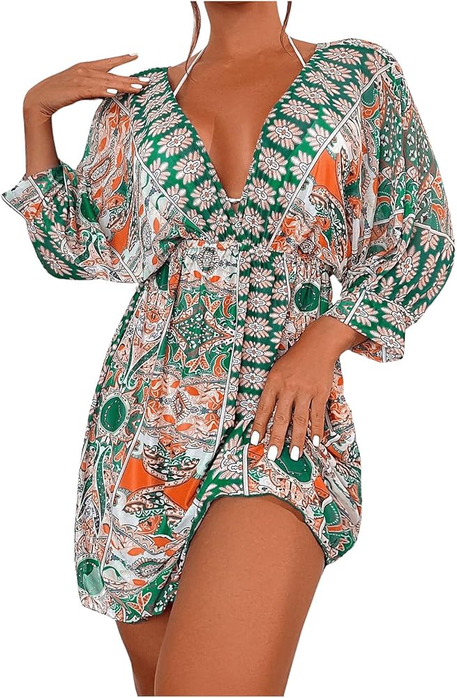 SHENHE Women's Bathing Suit Cover Up Deep V Neck Tie Back Tropical Boho Swimwear Dress Beach Cover Ups