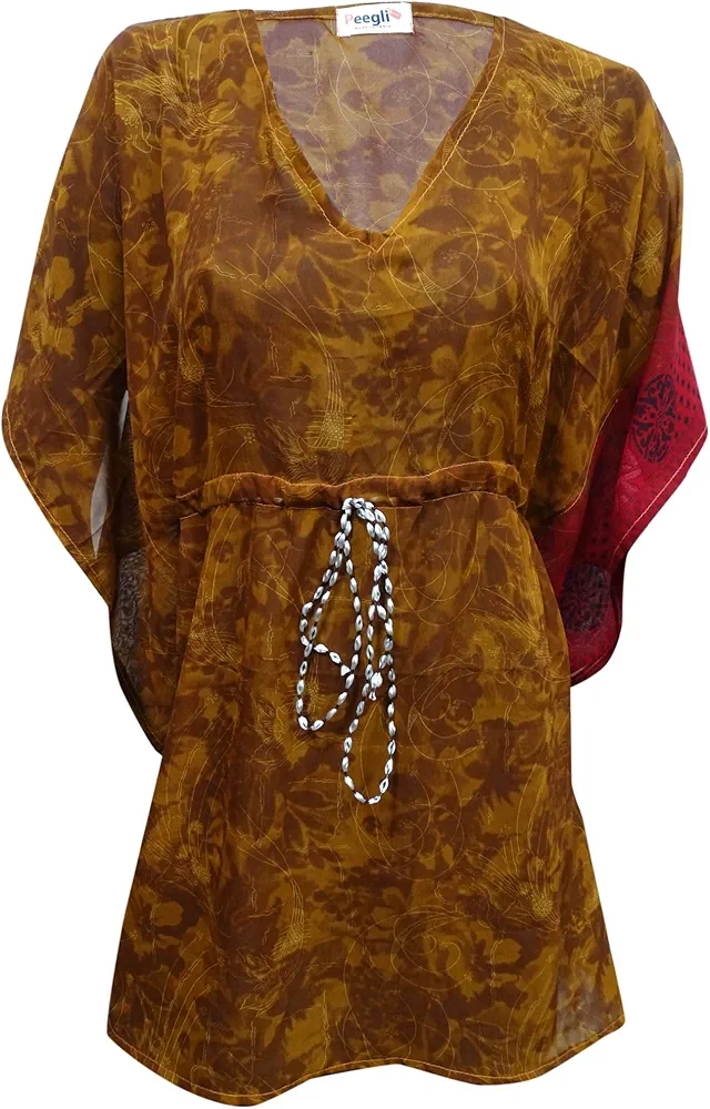 Beach Coverups Brown Casual Women's Kaftan Silk Blend Vintage Abstract Printed Short Caftan