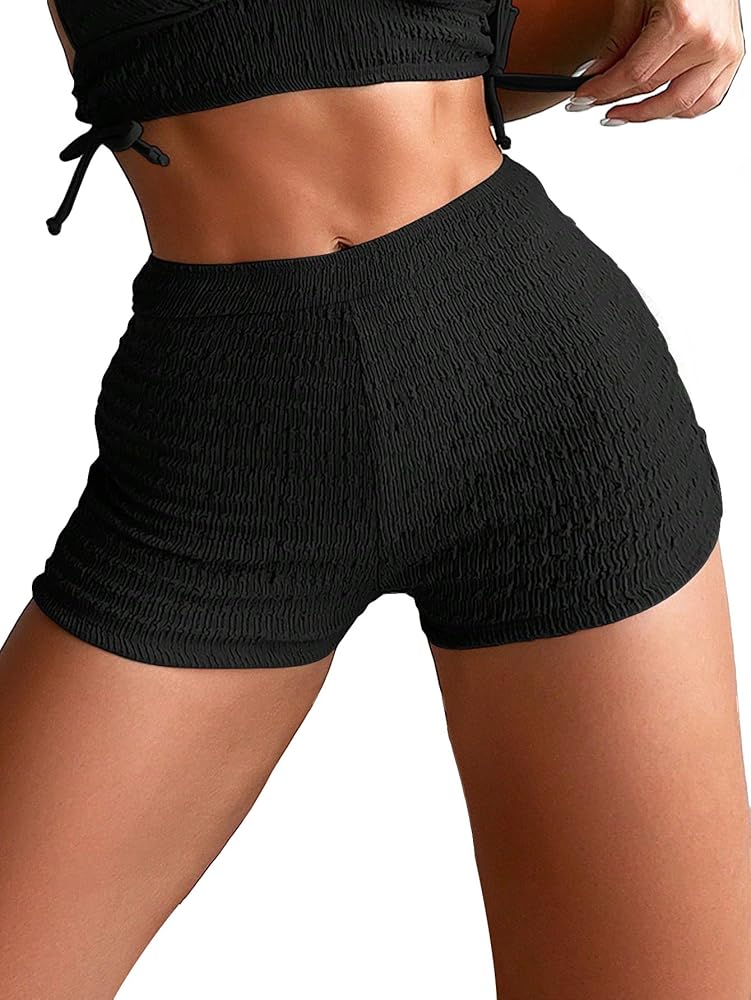 OYOANGLE Women's High Elastic Waist Bikini Bottoms Solid Plain Textured Beachwear Swim Shorts