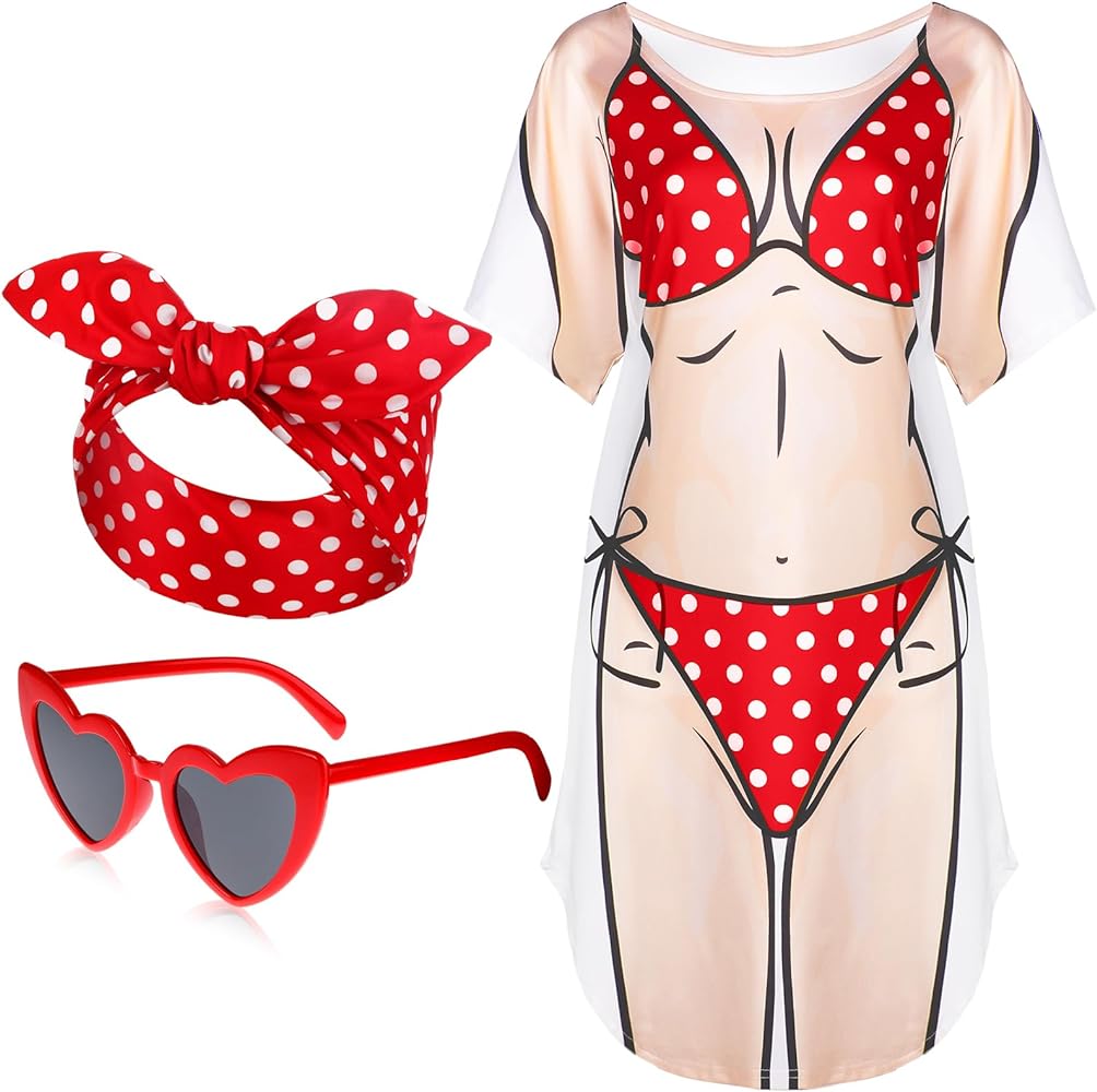 Womens Bikini Shirt Cover up Funny Bandana Headband Retro Sunglasses Short Sleeve Bathing Suit Shirt Eyewear