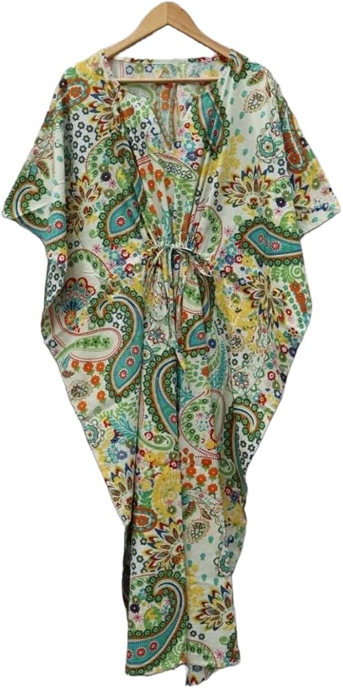 Paisley Print Women Kaftan, 100% Cotton Light Weight Summer Kaftan, Beach wear Dress, Long Maxi Gown Nightwear Multi