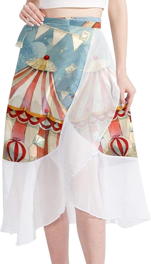 Cover Up Skirt, Women Beach Sarong, Semi-Sheer Swimwear Cover Ups, Cartoon Circus Pattern Multicolor