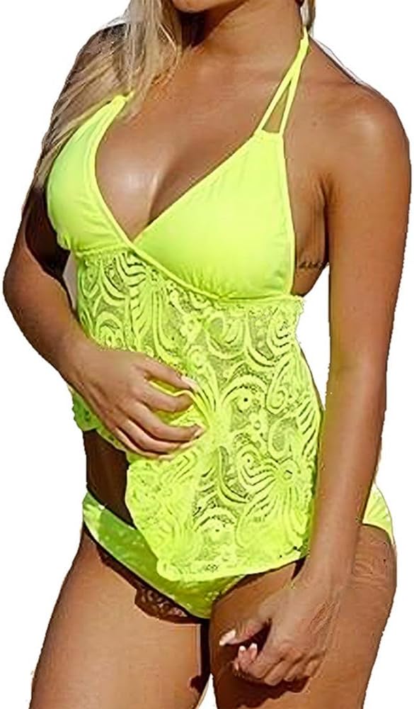 Women's Fashion Lace Mesh Swimwear Two Piece Halter Modest Tankini Swimsuits Bikini Sets