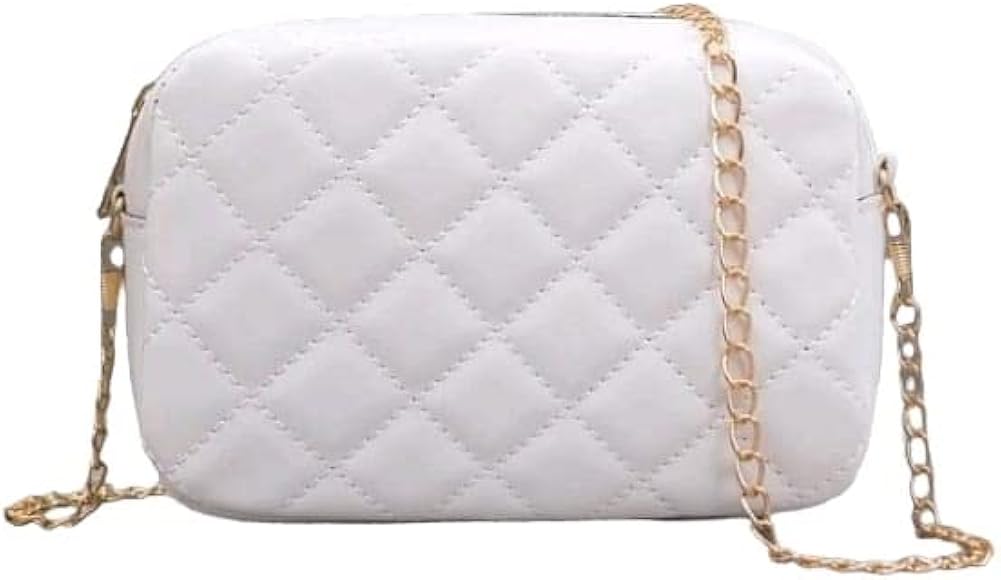 Bolso Pequeño con Cadena - Bolso Bandolera Acolchado Blanco con Cierre de Cremallera Modelo Fashion