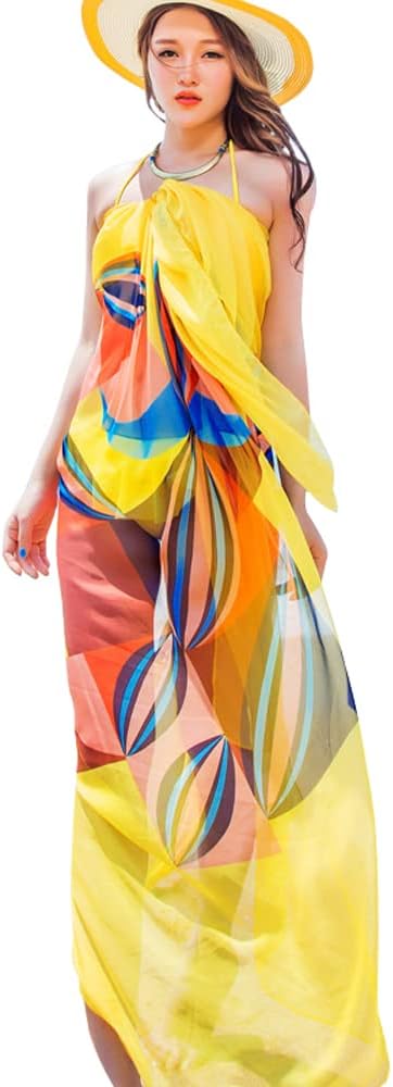 GERINLY Chiffon Thin Sarong Wrap: Geometrical Design Plus Size Beach Cover Up for Swimsuit Vacation Outfit Lightweight