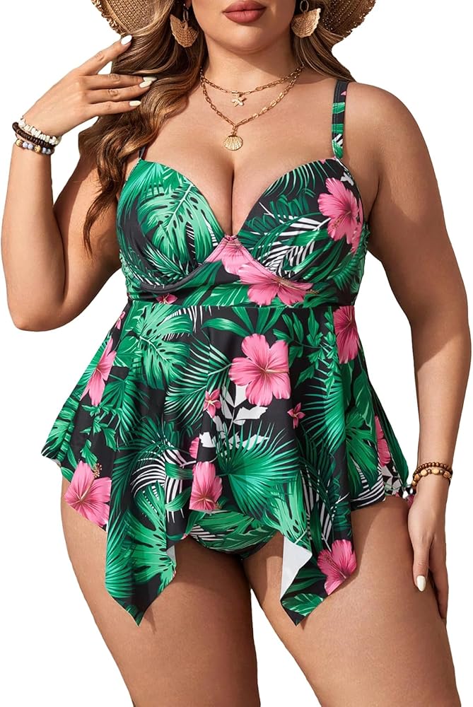 MakeMeChic Women's Plus Size 2 Piece Tankini Sets Tropical Ruffle Bikini High Waisted Bathing Suit Swimsuit