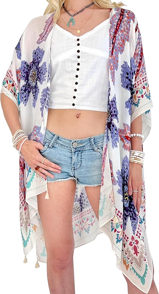 CATCHY & CRAFTY Kimono Swimsuit Coverup for Women Floral Boho Print Resort Wear Summer Beach Viscose