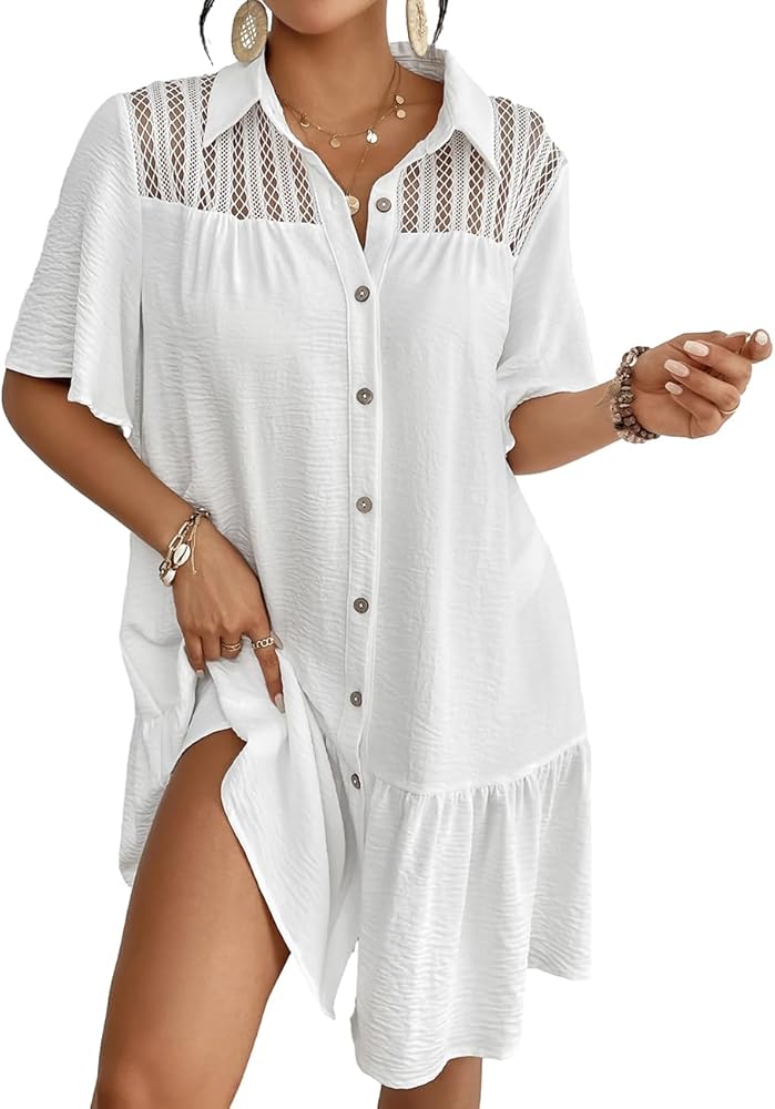 Bsubseach Swim Cover Up for Women Lace Splicing Bathing Suit Cover Up Bell Sleeve Beach Dress