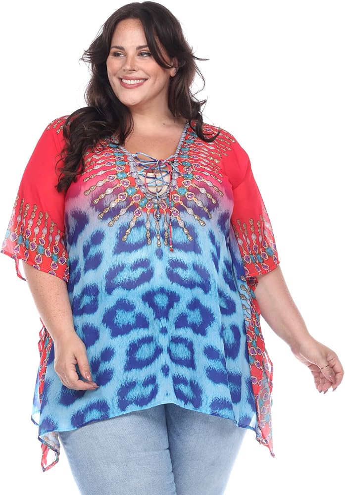 white mark Women's Plus Size Animal Print Caftan with Tie-up Neckline