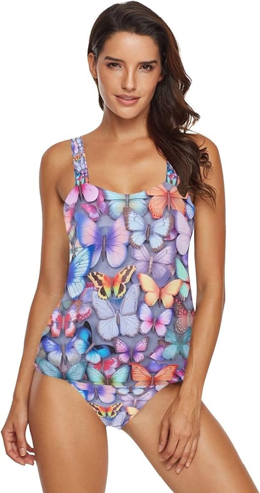 Colorful Butterflies Tankini Bathing Suits for Women Tummy Control Two Piece Tankini Swimsuit with Bikini Bottom