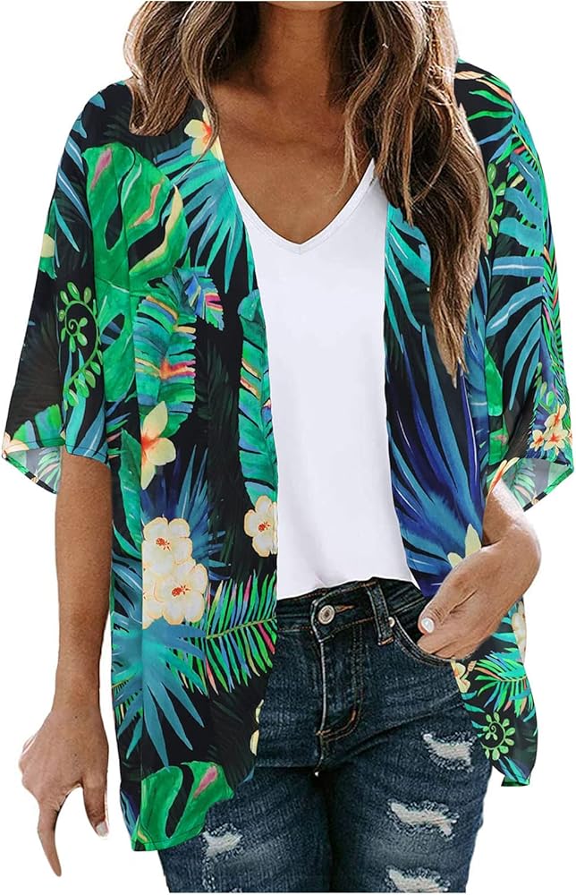 ZunFeo Summer Beach Kimonos Women Casual Floral Print Sheer Cardigan Lightweight Boho Covers Up Dressy Plus Size Trendy 2023