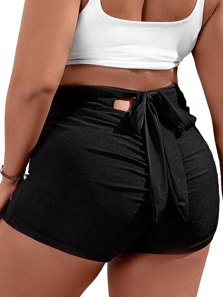 Floerns Women's Plus Size High Waisted Shorts Skinny Tie Back Ruched Bikini Bottom