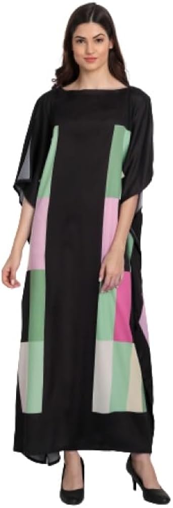 Women's Soft Polyester Calf Length Free Size Printed Kaftan (Black & Light Green);Size :- Chest : 51, Length : 52 Inch - NLYM_J5609