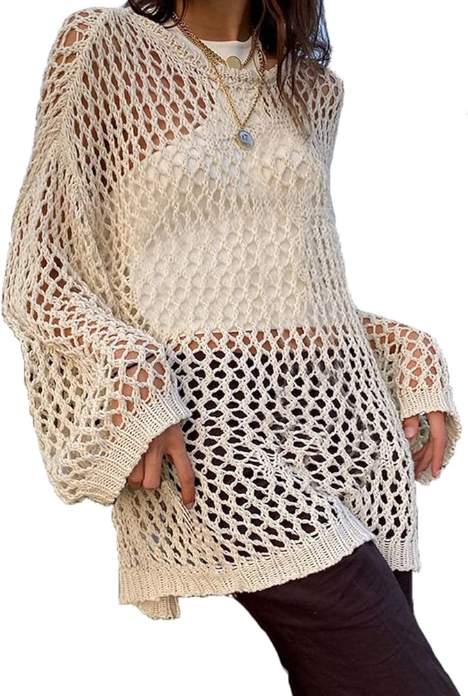 Women's Sexy Crochet Beach Cover Ups Hollow Out Long Sleeve Dress Summer Ruched Drawstring Coverup Dresses Swimwear