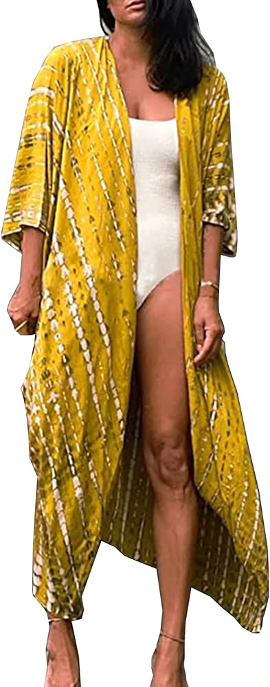 Chunoy Casual Open Front Bathing Suit Cover Ups for Womens Beach Kimono Cardigan Swimsuit Coverups Resort Wear Yellow