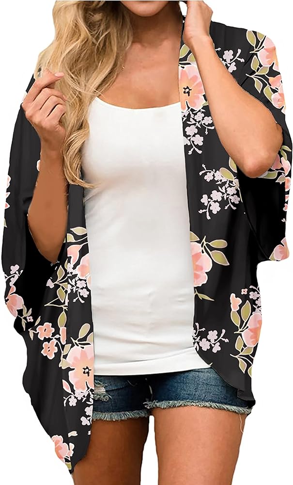 Womens Floral Chiffon Kimono Cardigans Loose Beach Cover Up Half Sleeve Tops