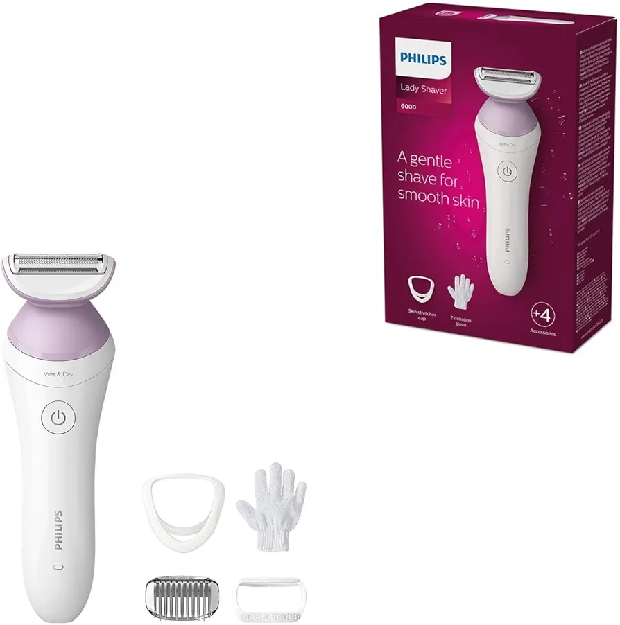 Philips Afeitadora de Mujer Serie 6000, 4 accesorios, Incluye Guante Exfoliante, Peine Guia y Cepillo de Limpieza, BRP136/00, Blanco