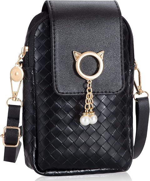 QH-Shop Bolso de Hombro para Teléfono Pu Cuero Bolso Bandolera Pequeño para Mujer Lindo Colgante de Perlas Carteras para Niñas con Correa Ajustable Negro