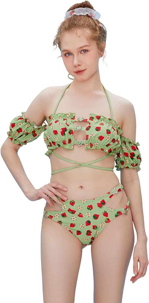 Strawberry Shortcake Women's Bikini Sets Cute Printed Swimsuit Bathing Suit Green