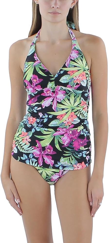 Tommy Bahama Womens Floral Halter Tankini Swim Top White L