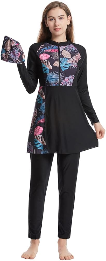 Muslim Swimsuits for Women Long Sleeve Built-in Bra Swimming Tops + Swimming Pants + Hijab Burkini Full Cover Swimwear