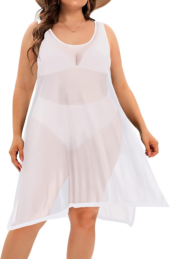 Pinup Fashion Plus Size Swimsuit Cover Up Beach Swimwear See Through Sheer Mesh Tank Dress