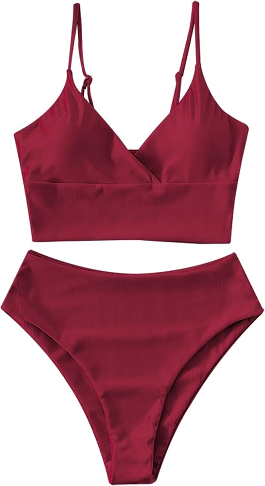 ZAFUL Women's V Neck Tankini Set, Ribbed High Cut Surplice Bikini High Waisted Two Piece Swimsuit