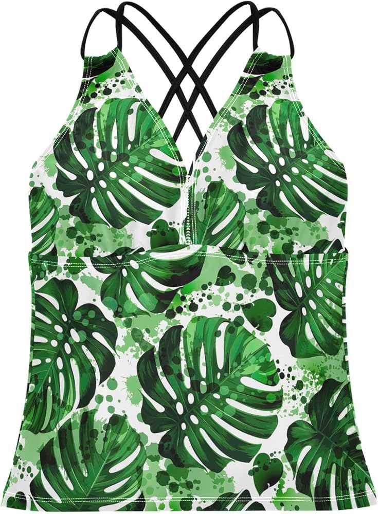 Leaves Monstera Blots Women's Tankini Bathing Suit Tops V Neck Swim Tank Tops