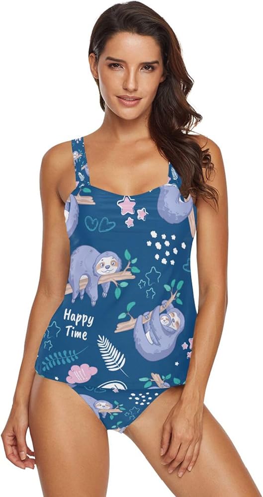 Sloth 2 Piece Women Tankini Swimsuit Tummy Control Sport Bathing Suit with Bikini Bottom