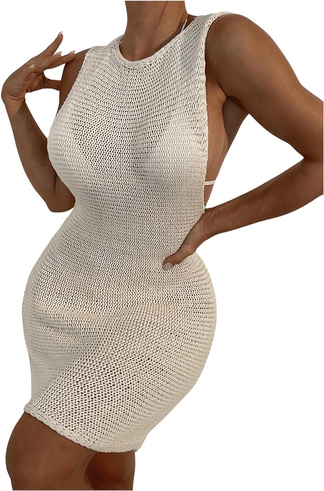 Verdusa Women's Hollow Out Round Neck Swimsuit Cover Up Crochet Knitted Beach Dress