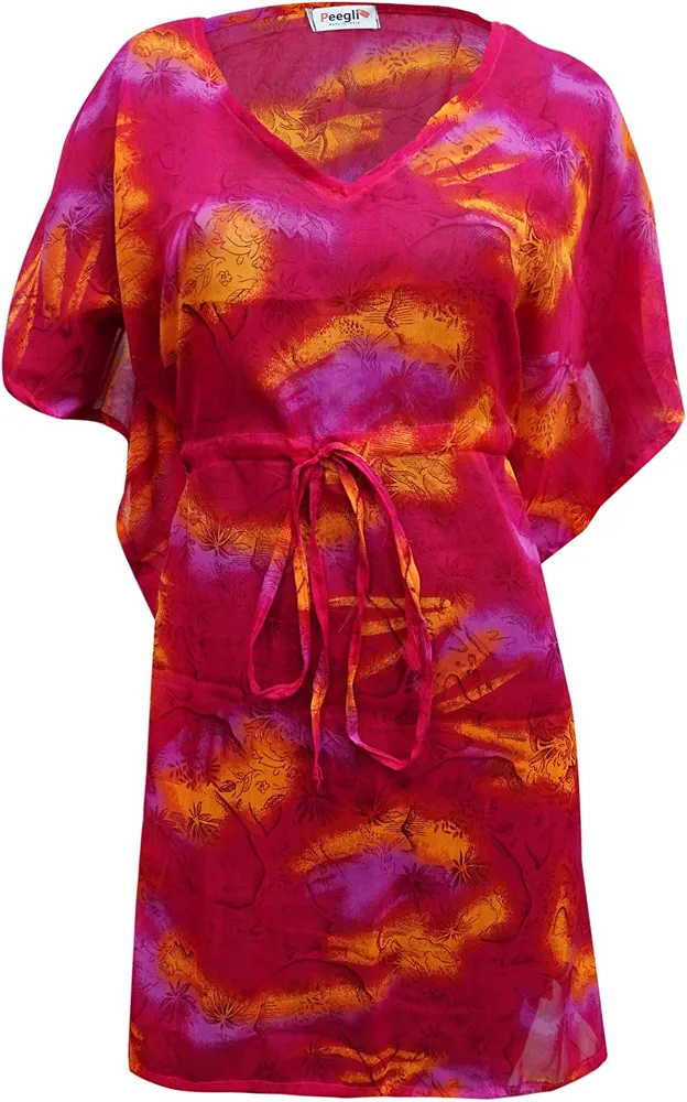 Beach Coverups Pink Casual Women's Maxi Plus Size Kaftan Silk Blend Vintage Floral Printed Short Caftan