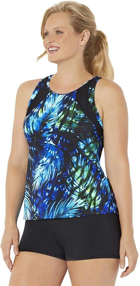 Swimsuits For All Women's Plus Size Chlorine Resistant High Neck Racerback Tankini Set with Boy Short