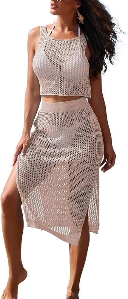 Sovoyontee Women's 2 Piece Crochet Swimsuits Coverup Hollow Out Knit Swim Cover up Bathing Suit Side Slit Beach Dress